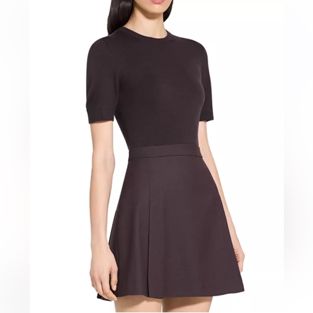 Theory Deep Pleat Combo Mini Dress Cacao Brown Size 6 NWOT